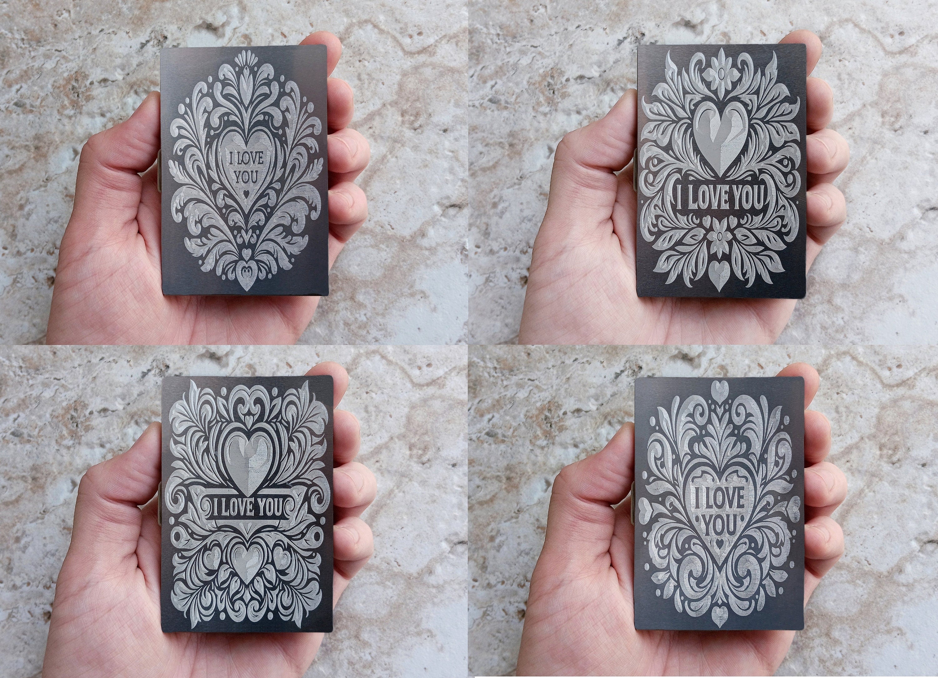 Top View of the different examples of the I Love You designs engraved on top of the Stainless Steel Case. You can choose the design you like from the variations menu.